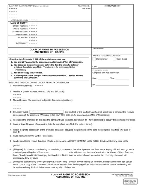 (File Application for Temporary Restraining Order, form CD-190. . Claim of right to possession california